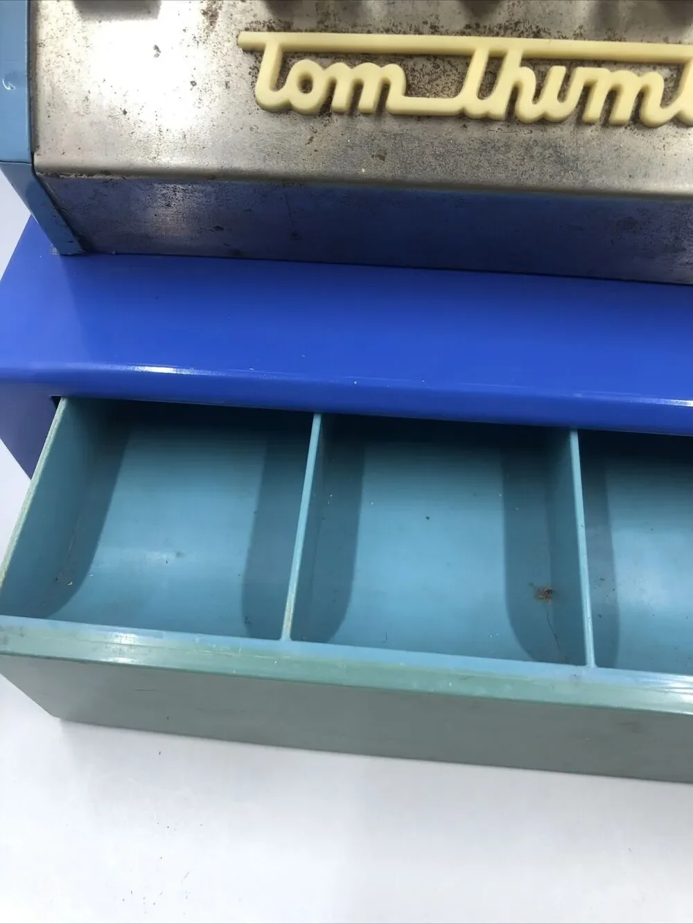 Vintage Blue Tom Thumb Toy Cash Register  Made in England- Works. US Pat￼￼